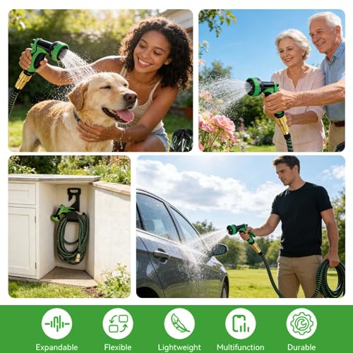 Flexibler Gartenschlauch 30M, Dehnbarer Gartenschlauch mit 10-Funktions-Düse, Wasserschlauch flexibel mit 4-Lagen Latex & 3750D Gewebe, Knickfrei & Leicht für Garten & Auto,Grün