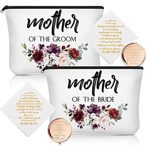 Coume 6 Pack Mother of the Groom Bride Cosmetic Bag Wedding Gifts Mother of Bride and Groom Makeup Mirror Mom Handkerchief for Mom in Law for Engagement Favor