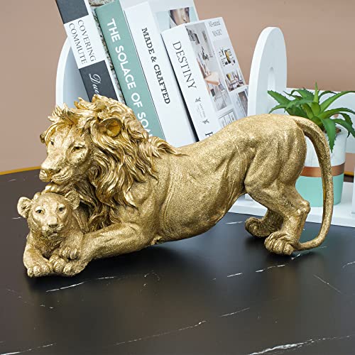 Polyduke Lion Statue Home Decor Large Gold Lion Figurine Table Top Decoration 13.2" L X 6.3H For Home, Office,Study Room, Living Room, Collectible Figurines And Gift #TOP3