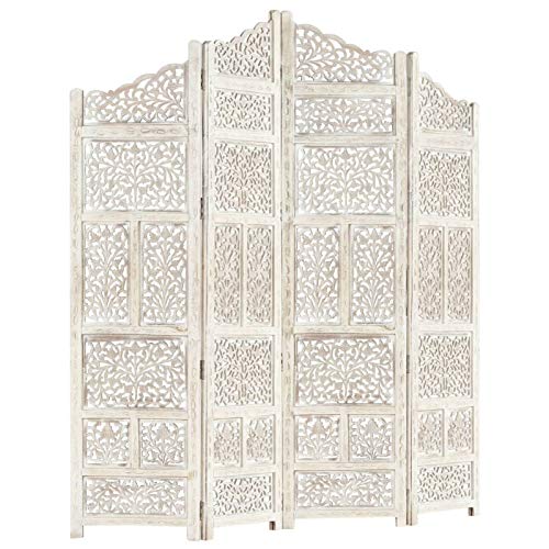 Keketa Hand carved Panel Screen with 4 Panels, Folding Room Divider, Wooden Room Partitions Screen Indoor Outdoor Bedroom Office Patio Privacy White 160x165 cm Solid Mango Wood