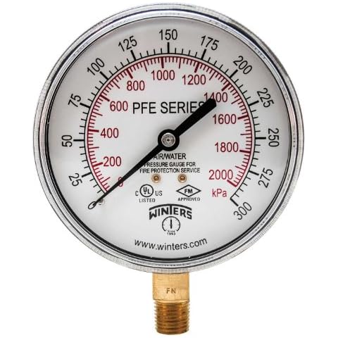 Winters PFE Series Dual Scale Sprinkler Pressure Gauge, 3-1/2" Dial, 0-300 psi/kPa Range, +/-3-2-3% Accuracy, 1/4" Male NPT Bottom Connection, For Air/Water Media Cover