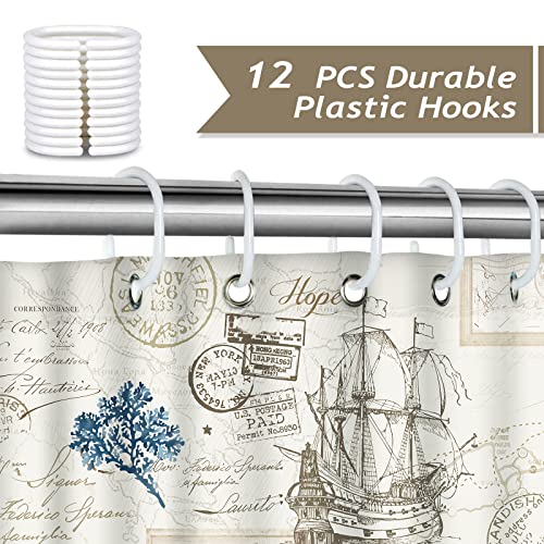 Bonhause Nautical Coastal Shower Curtain Vintage Sailboat Lighthouse Anchor Bathroom Curtain 180 x 200 cm Waterproof Mildew & Mould Resistant Polyester Fabric Bath Curtain with 12 Hooks - Image 3