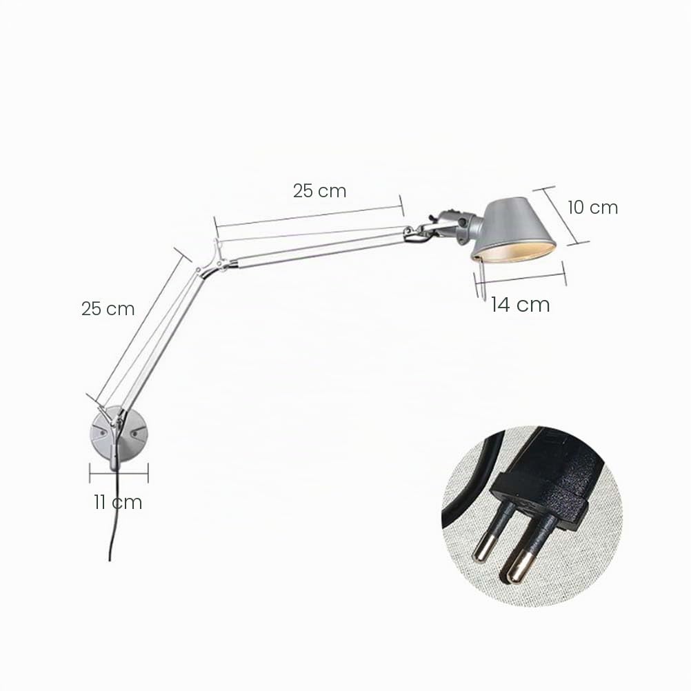 AoLa Verstellbar Wandleuchte Schwenkarm lnnen Vintage Wandlampe mit Schalter und Kabel 360° Drehbare Lange Arm Nachttischlampe mit Stecker Metall Arm Wand Leselampe E27 Retro Industrie Lampe, 25 * 25