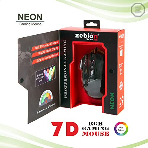 Image of Zebion NEON Professional Gaming Mouse, with 7D Multi Color Gaming Features, 6 Responsive Buttons, Stunning Multicolor Glow, Adjustable Speed, Rugged Rubber Coating and 3 Years Warranty