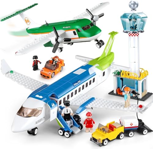 Image of Airport Building Blocks Playset, 731+ PCS Aviation Construction Kit with Pull-Back Luggage Van, Compatible with Major Brands, Safe & Durable, 12-Month Warranty