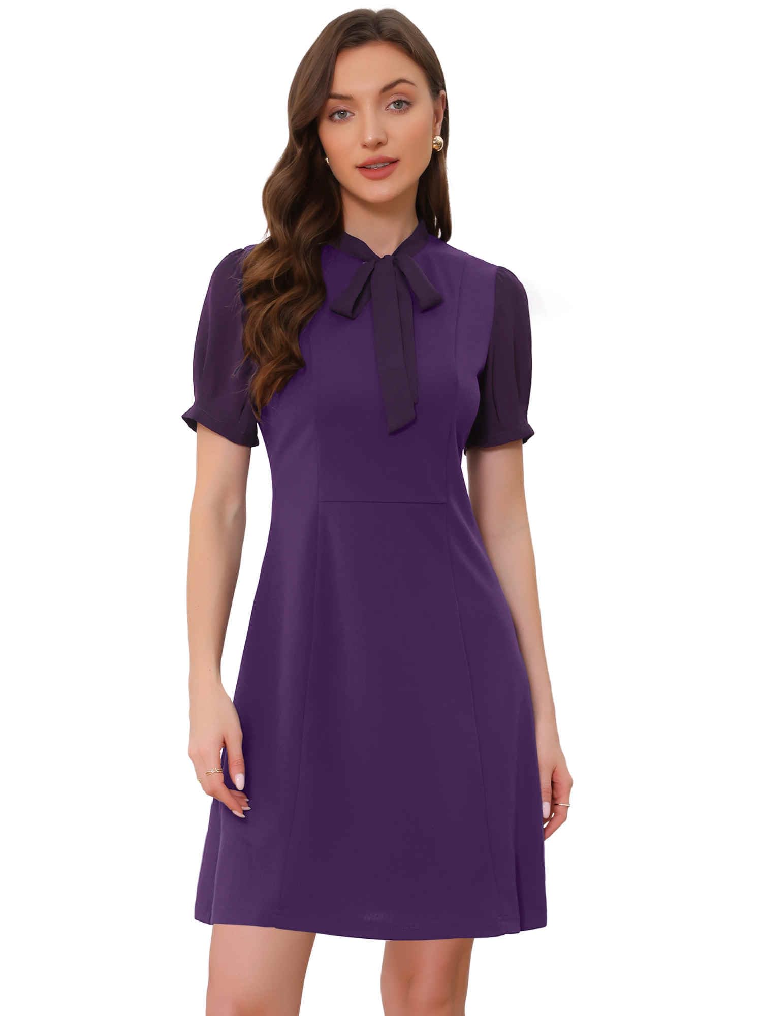 Allegra K Elegant Dresses for Womens Tie Neck Puff Short Sleeve Office Work Dress