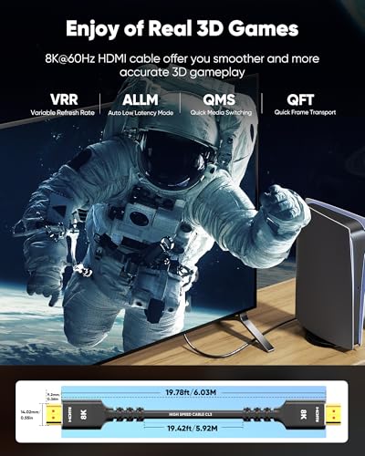Image of Highwings HDMI Cables 20FT Long, 8K Ultra High Speed HDMI 2.1 Cable [in-Wall CL3 Rated, 48Gbps] 8K@60 4K@120Hz /144Hz, HDMI Cord eARC HDCP 2.2 & 2.3, Compatible for XbX /S /HDTV /GPUs 30 & 40 Series