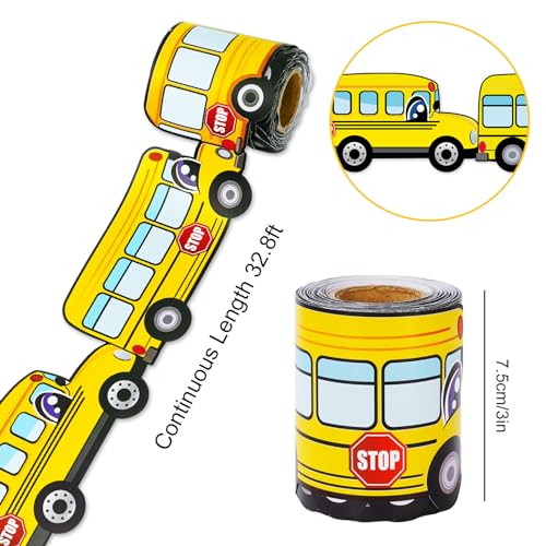 Image of Whaline 32.8 Ft School Bus Bulletin Board Borders Yellow Cartoon Bus Die-Cut Rolled Border Trim for Back to School Classroom Home Chalkboard Decoration
