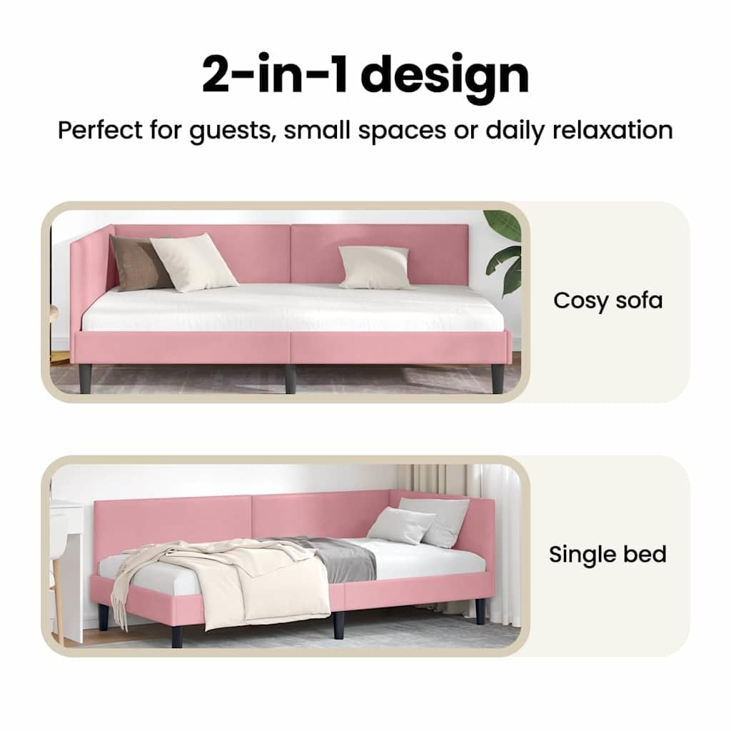 vidaXL Rama łóżka narożnego Z zagłówkiem Różowy 90 cm x 200 cm Aksamit