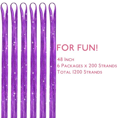 Image of WENNALIFE Hair Tinsel for Girls, Purple Fairy Kit 1200 Strands 6PCS 48 Inch Heat Resistant Glitter Tinsel Hair Extensions Kit Christmas Feathers Sparkle Strands