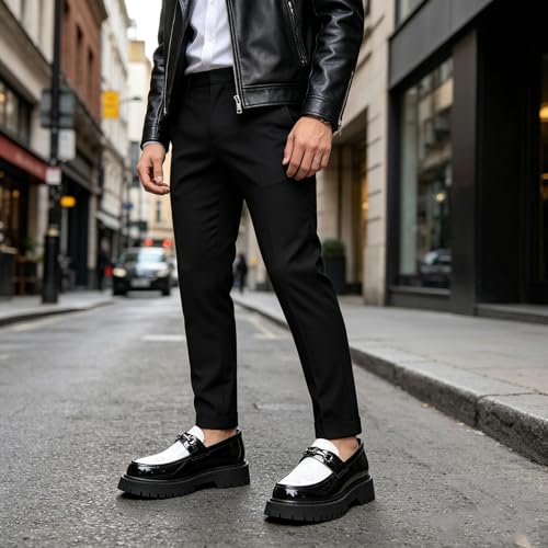 Image of XENTORD Men's Patent Leather Platform Loafers Comfort Non-Slip Lug Sole Slip-On Dress Shoes with Metal Horsebit Detail for Business Office & Casual