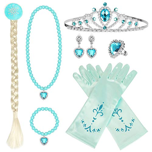 Hifot Princesa Vestir Accesorios, Elsa Corona Collar Pulsera Pendientes Anillos Guantes Peluca...