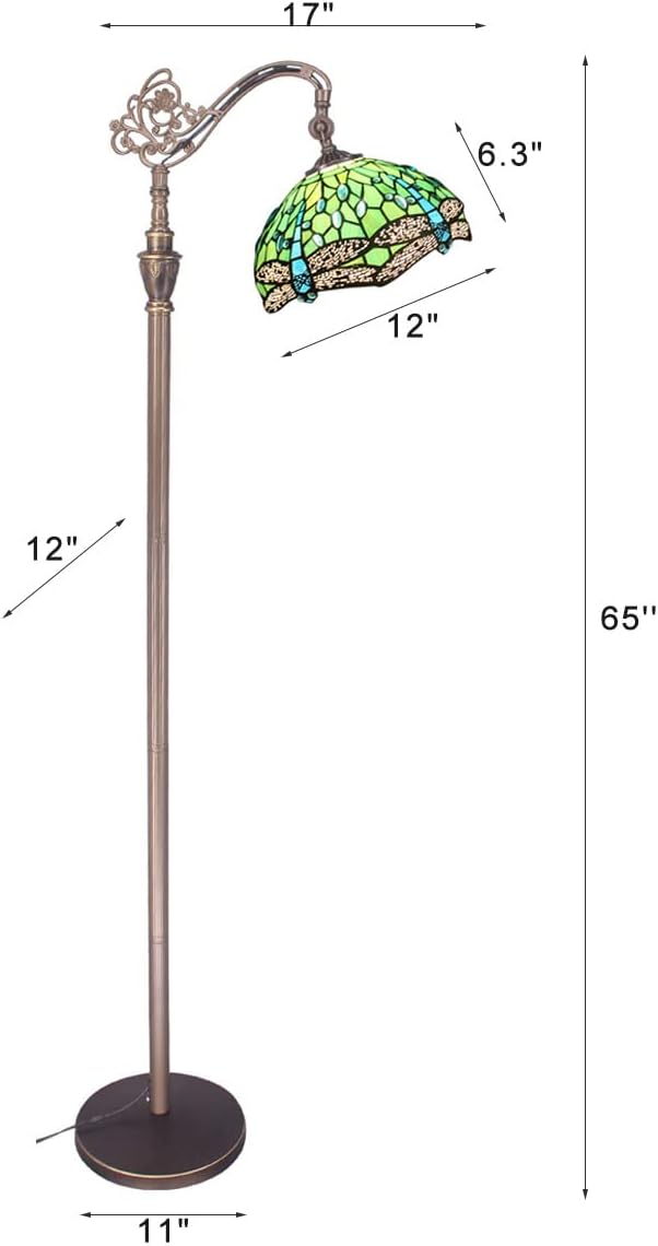 Tiffany Floor Lamp Stained Glass Lamp 18.88X12X67 Inch Angle Adjustable Arched Gooseneck Antique Reading Light (Green Dragonfly)