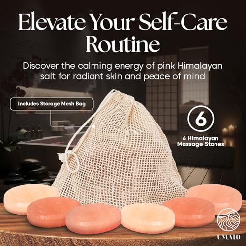 UMAID Himalayan Salt Massage Stones 6-Pack with Cotton Mesh Bag Hand-Carved Pink Crystal Spa Stones for Relaxation, Self-Care & Holiday Gifting