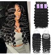 FASHION PLUS 15A Loose Deep Wave Human Hair Bundles with Closure (16 18 20 +14) 5x5 HD Lace Closu...