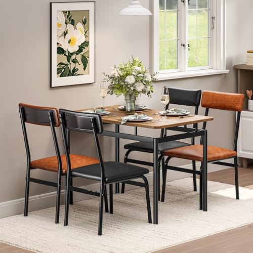 Garvee Dining Table Set for 4, 5 Piece Wooden Dining Table and Chairs, 4 PU Upholstered Chair, Modern Metal Frame Dinette Set for Dining Room, Home Dinner, Party, Apartment, Brown + Black