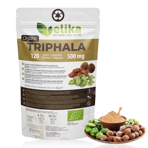 BIO Triphala Elikafoods® ORGÁNICA. 120 comprimidos de 500 mg. Limpia y desintoxica el colon. Contra el estreñimiento. Vegana y sin gluten. Fácil ingesta. Directamente del Himalaya.