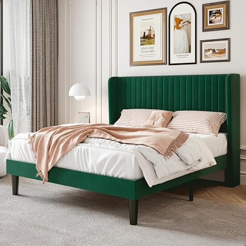 Image of SHA CERLIN Full Size Velvet Bed Frame, Tufted Wingback Headboard, Green | 47'' Modern Vertical Channel Headboard, Upholstered Platform Bed, Wood Slats, No Box Spring Needed, Easy Assembly, Noise Free