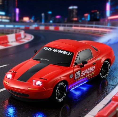 Image of RC Drift Car 1:14 Scale 4WD High-Speed Remote Control Car with LED Lights 2.4GHz Rechargeable Drift Racing Car with Extra Tires & Cones Toy for kids [Colors as Per Stock] (Mazada Rc Drift -Red)