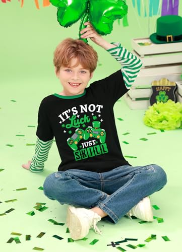 Image of Unisex Kid's St Patrick's Day Shamrock Top Striped Patchwork Irish Clover Long Sleeve Shirt 4-14 Years