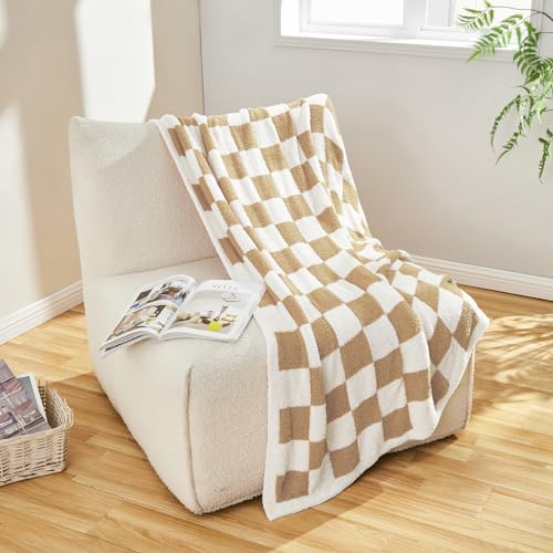 Image of CozeCube Beige White Reversible Checkered Knit Throw Blanket 60 inchx80 inch