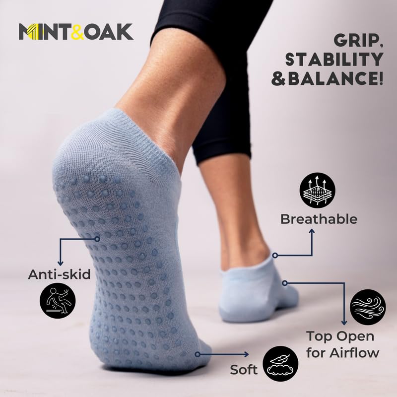 Image of Mint & Oak Women Non-Slip Pilates Socks with Grips Ankle Length Pack of 2 | Silicone Cotton Pilates Socks | Ideal For Yoga, Pilates, Gym, Workout, Barre, Aeriel | Cute Women's Gift | Free Size