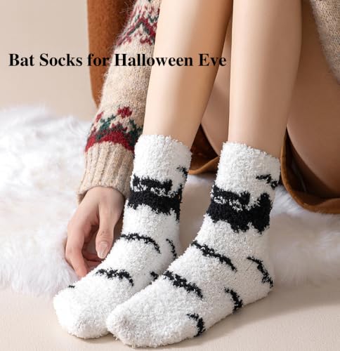 Halloween Fuzzy Socks for Women, 2 Pairs Bat & Pumpkin Fluffy Slipper Socks — view 6