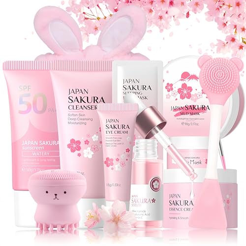 Sakura Skin Care Set Teenager Mädchen Geschenke - Skincare Set 11 Stück - Hautpflege Beauty Set Frauen - Anti Aging & Nährend Gesichtspflege Set - Damen Geschenkset - Mit Schlammmaske,Serum,Creme