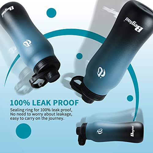 Beglad Insulated Water Bottle 24 Oz, Stainless Steel Wide Mouth Double Vacuum Thermos Flask With 3 Lids Reusable Leak Proof Bpa-Free Metal Water Bottle For Sports Camping, Indigo Black Gradient #TOP3