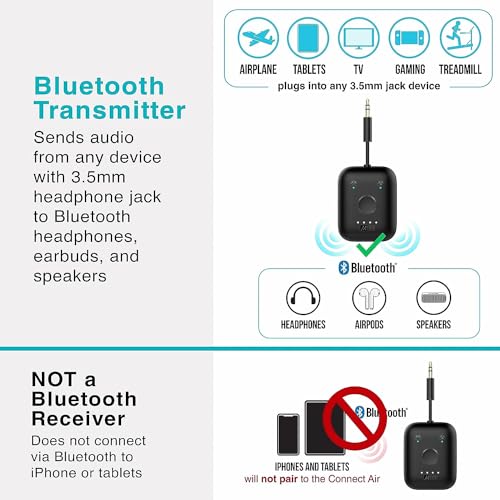 Image of MEE Audio Connect Air in-Flight Bluetooth Wireless Audio Transmitter, with Extra Dual 3.5mm Jack AUX Adapter, for up to 2 AirPods /Other Headphones; Works with All 3.5mm Aux Jacks, Black