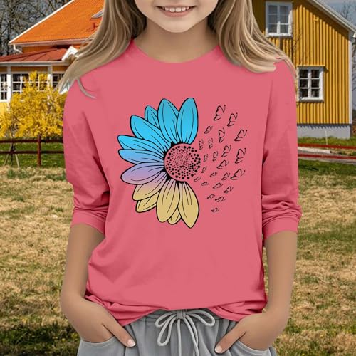Girls' 3/4 Sleeve T Shirts Summer Cute Crewneck Basic Tees Sunflower Gradient Pattern Casual Tops for Toddler Girls3