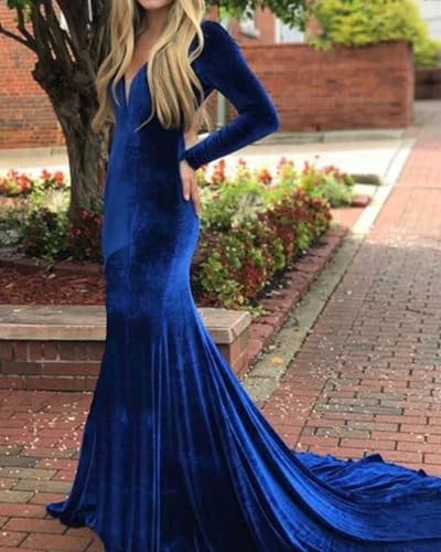 Women's Deep V-Neck Velvet Prom Dresses Long Mermaid Court Train Evening Party Gown with Long Sleeves SZPD022