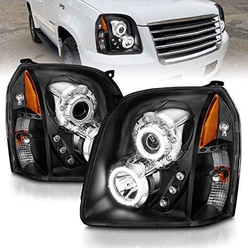 AmeriLite for 2007-2014 GMC Yukon/Yukon XL/Denali Xtreme LED Halo Black Projector Replacement Headlights Pair - Driver and Passenger Side