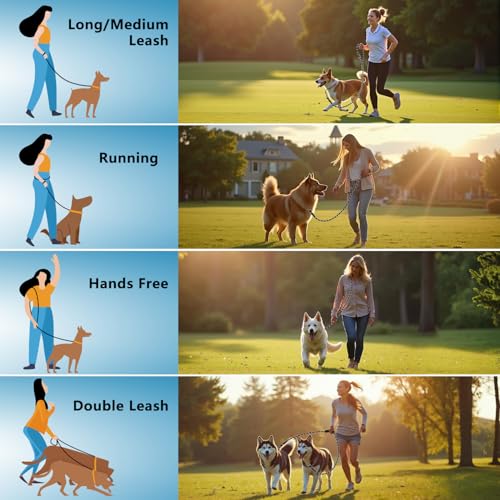 Hundeleine für Große und Mittelgroße Hund(15-60 kg), 3.4m Verstellbare Doppelleine & Freihandleine aus Nylon mit Reflektierend durch die,Extreme Kraft bis 200 kg