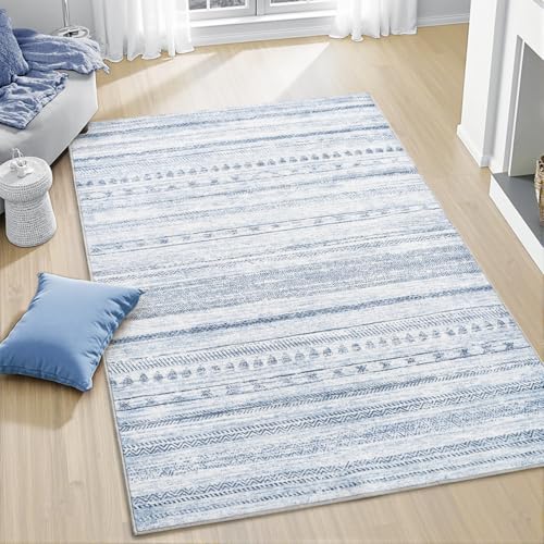 3x5 Area Rug Machine Washable Non Slip Rug Distressed Neutral Moroccan Boho Rug Ultra Soft Indoor Rugs for Bedroom Living Room Entryway Kitchen Foyer Bedside, Blue Blue 3' x 5' (Rectangular)