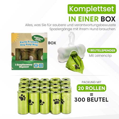 BI0 Hundekotbeutel mit Spender Kompostierbare Kotbeutel für Hunde mit Hundekotbeutelspender 100% Biologisch abbaubare Hundebeutel mit Leinen Halter (300 Beutel: 20 Rollen + 1 Spender)