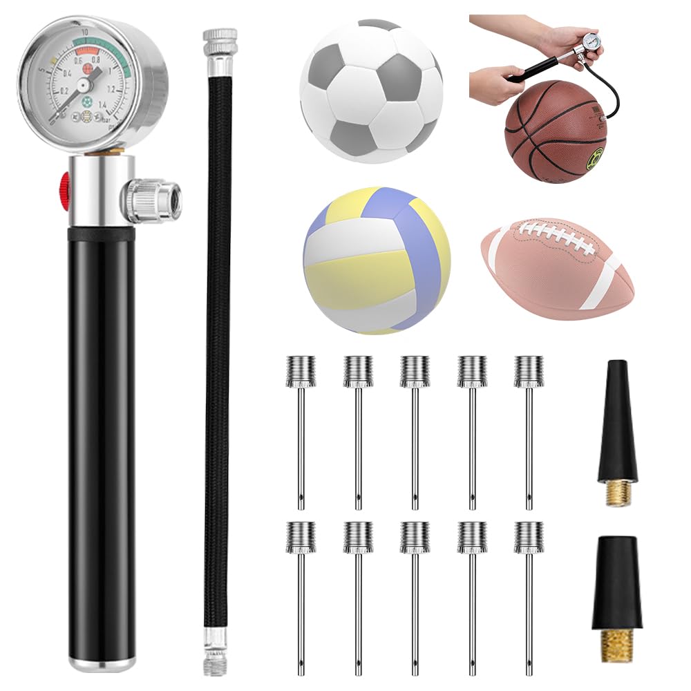 Mineup Ballpumpe Mit Manometer, Mini Luftpumpe Mit 10 Ball Nadeln 2 Düse Und 1 Schlauch, Tragbare Ballpumpe Aus Aluminiumlegierung, Tragbare Sportball-Luftpumpe Für Fußball Basketball Volleyball Rugby