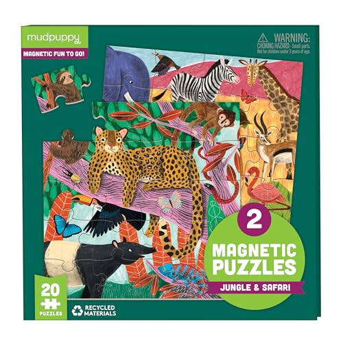 Image of Mudpuppy Jungle & Safari - Tri Fold Magnetic Puzzles Featuring Two 20 Piece Jungle and Safari Themed Artwork
