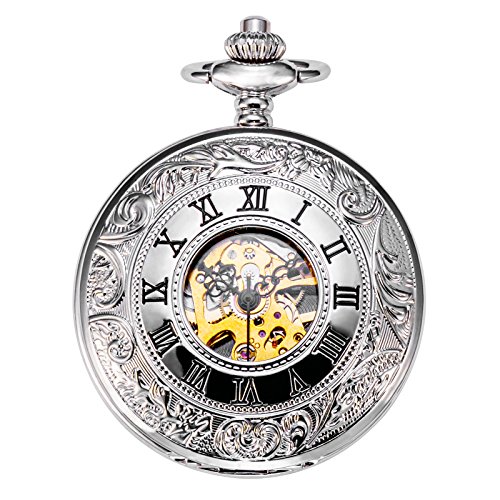 Image of TREEWETO Mens Skeleton Mechanical Pocket Watch, Retro Roman Numerals, Half Hunter, Bronze