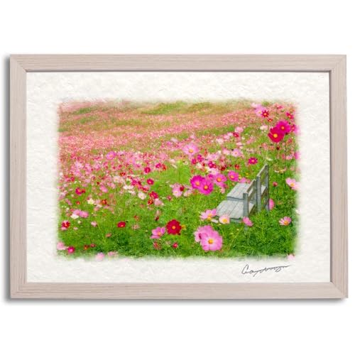 Natural Memories 風水 絵 絵画 玄関 インテリア アートパネル 風景画 おしゃれ 壁掛け 和紙の絵写真 「一面のコスモス畑の白い椅子」 平面額縁付き 32x23cm 花 秋 ピンク 花の絵