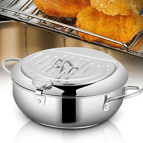 Image of Deep Fryer Pot - Japanese Tempura Small Deep Fryer Stainless Steel Frying Pot With Thermometer,Lid And Oil Drip Drainer Rack for French Fries Shrimp Chicken Wings and Shrimp (28cm /11inch)