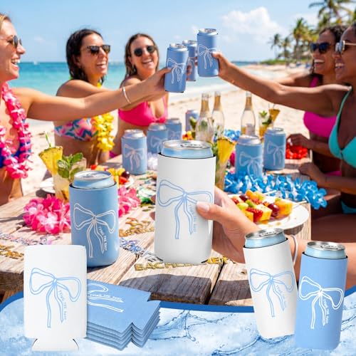 Image of SiliFine 12 Pcs Bachelorette Party Can Sleeves Bulk Coquette Bachelorette Party Decoration Cowgirl Can Sleeves for Bridal Shower Gifts (3.5 x 5.5 Inches,Blue Bow)