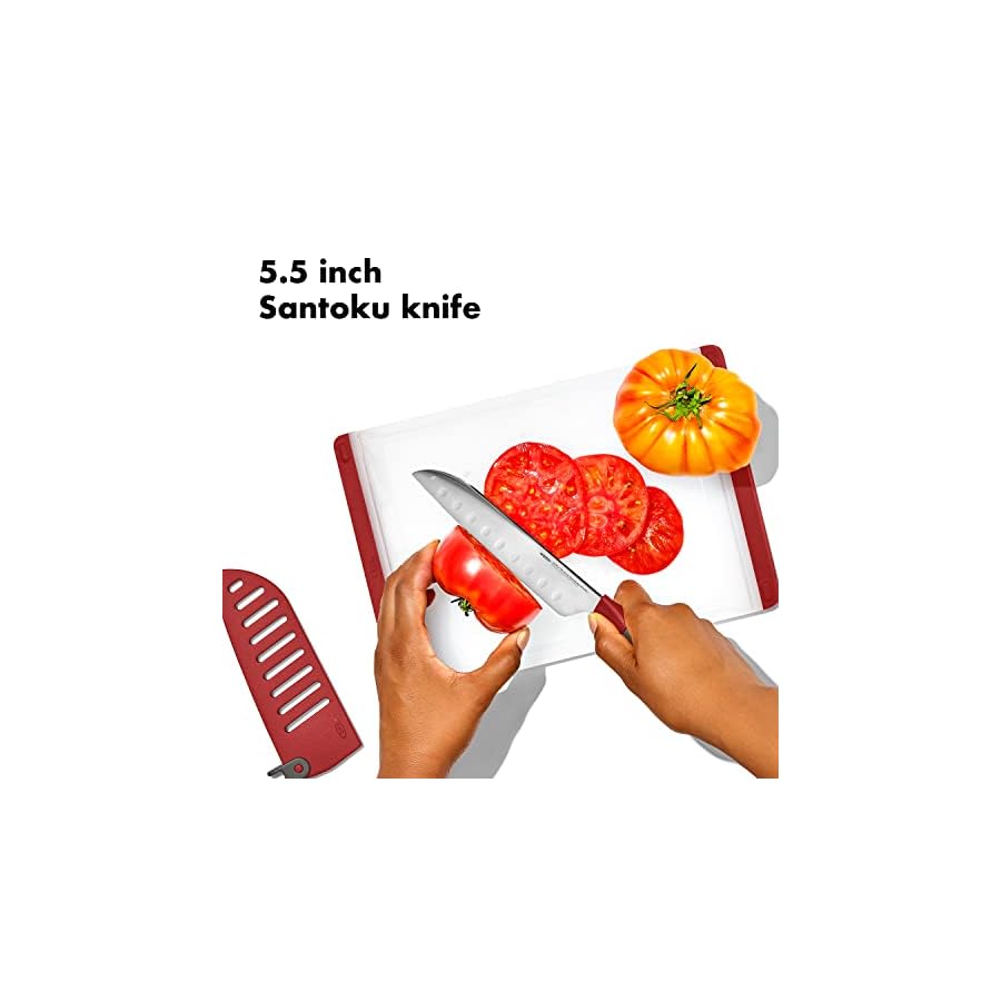 OXO Outdoor 5.5in/14cm Santoku Knife with Locking Sheath,Gray/Red