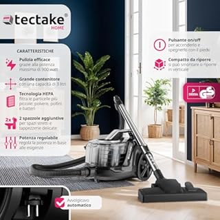 tectake® Aspirapolvere Senza Sacco 900 W, Capacità 3L, 79 dB, Aspiratore con Filtro HEPA XXL, Ideale per Pavimenti e Tappeti, Contenitore Grande per Polvere, Asta Telescopica, Accessori Inclusi