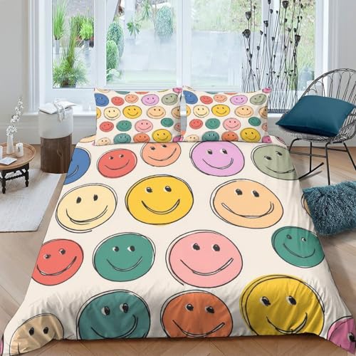 ESPLJQRYX Smiley Faces Parure de Lit Microfibre résistante 3 pièces 3D Effet Confortable Coloré Cartoon Style Ensemble De Literie avec Fermeture Éclair...