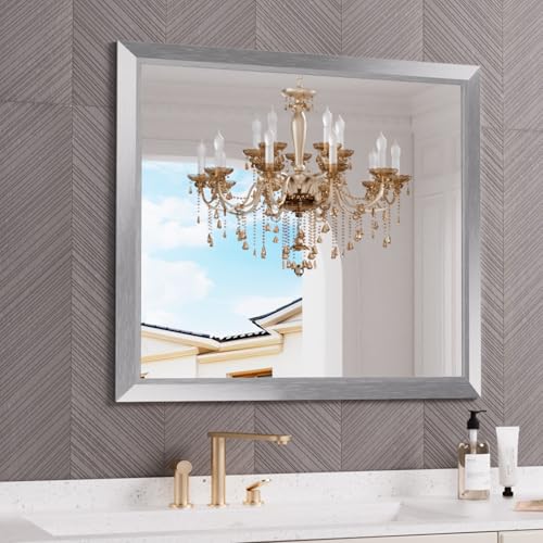 Amorho 40x36 Inch Bathroom Mirror Silver, Thick Metal Framed Wall Mirrors for Over Sink, Brushed Nickel Mirror Perfect for Bedroom, Living Room, Entryway, Rectangle (Horizontal/Vertical).