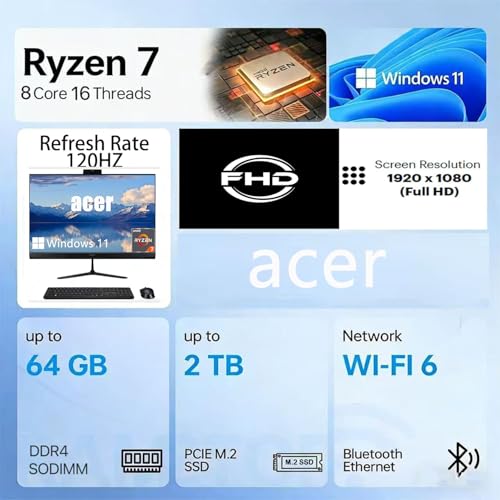 Image of acer Aspire 27 inch IPS FHD All-in-One Desktop Computer | AMD 8-Core Ryzen 7 5825U (Up to 4.5GHz) | 120Hz Refresh Rate | 64GB RAM, 4TB SSD | WiFi 6E, Bluetooth 5.3 | Wireless KB & Mouse