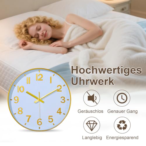 Image of Modern Wall Clock, 10 Inch Digital Wall Clocks Battery Operated, Round Non Ticking Silent Analog Clock for Bedroom Living Room Kitchen Office Gym Classroom Decor, Gold Battery Clock