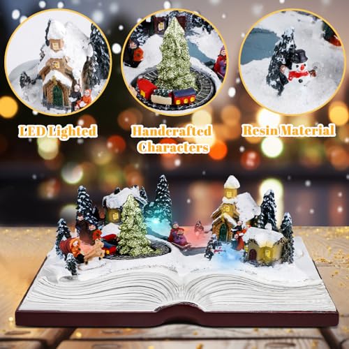 HOSTK Christmas Village House, Snow River Building Figurines Revolving Christmas Tree, LED Lighting Battery Operated Music for Christmas Indoor Decorations Village Displays Garden Room Home Table