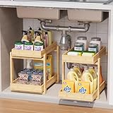 LONTAI Bamboo Wood Under Sink Organizer 2 Pack, Pull Out Cabinet Organizer 2 Tier Under Sink Organizers and Storage with Sliding Drawer Sturdy Easy Assembly for Kitchen Bathroom Undersink, Natural